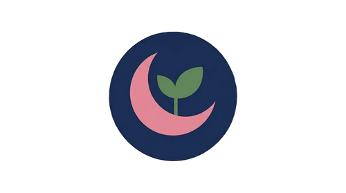 Logo with a pink crescent moon and green leaves on a blue circle against a transparent background